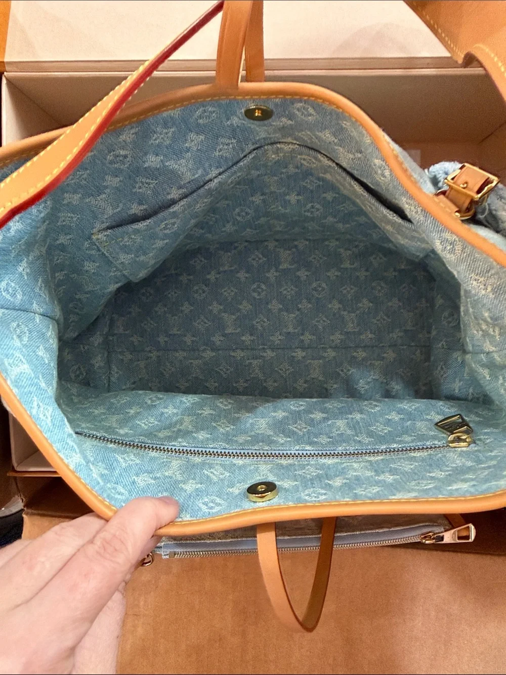 Louis Vuitton Denim Monogram Tote in Light Blue with Tan Trim